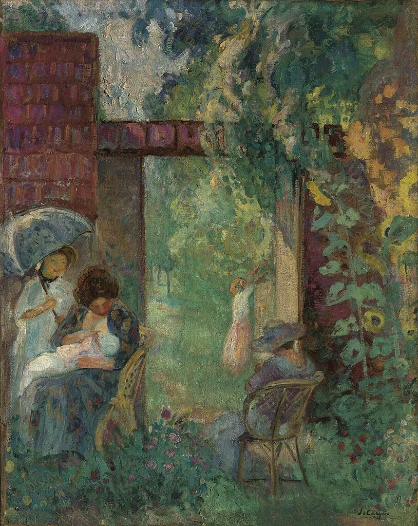 Donne e bambini in un giardino d'estate